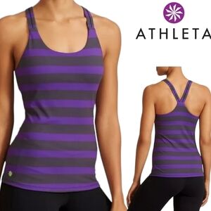 ATHLETA Tank Top Optimism Purple Black Striped Yoga Size XXS Razorback Shelf Bra
